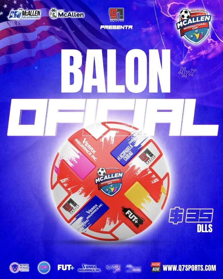 Official McAllen International Cup 2026 soccer ball, red, white and blue with sponsor logos — $35