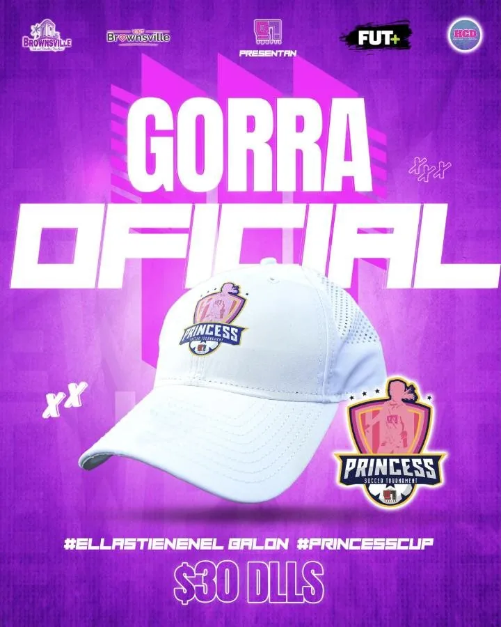 Official Princess Soccer Tournament white cap with embroidered Princess crest — $30